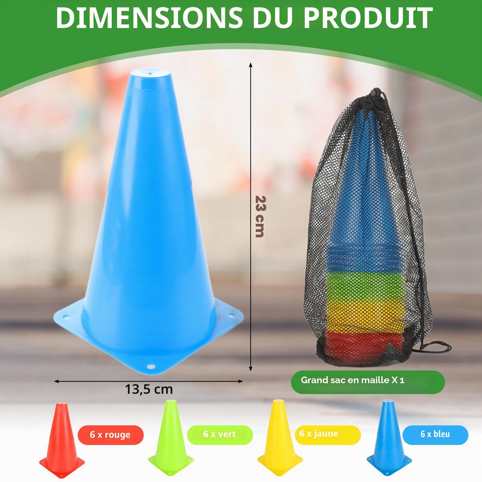 AKOLAFE Lot de 24 Cônes d'Entraînement 23x13.5cm Plots de Marquage en LDPE Souple et Incassable Plot Sport de 4 Couleurs avec Sac de Transport Cône de Signalisation pour Football Roller Agilité École