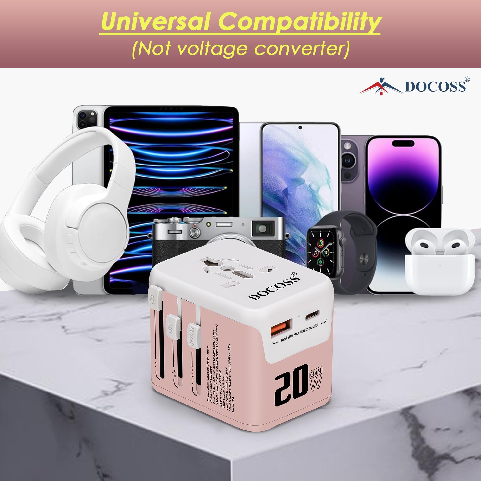 Docoss Fast Charging Universal 25W GaN Travel Adapter,International All-in-One Adapter with Type C,QC 3.0,W/3.1A for UK,US,EU-Universal Plug Power Adapter (Pink-White) — Amazon image 5