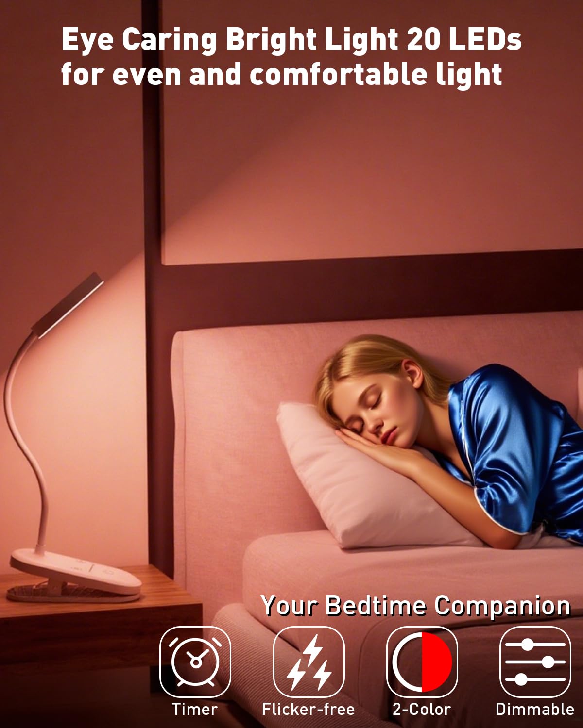 long-stars Lámpara de lectura de luz roja para dormir, luz de libro para leer en la cama con luz nocturna sin azul de 625 nm, 2 modos de color y temporizador, lámpara recargable de 2000 mAh para