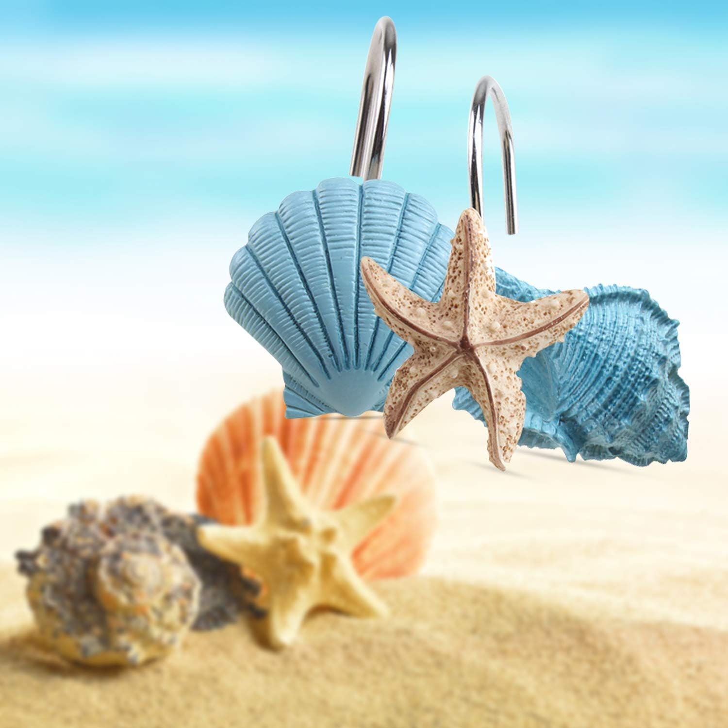 AGPtek 12 PCS Fashion Decorative Home Bathroom Seashell Shower Curtain Hooks (Seashell: Blue, Starfish: Tan, Conch: Blue) : Home & Kitchen