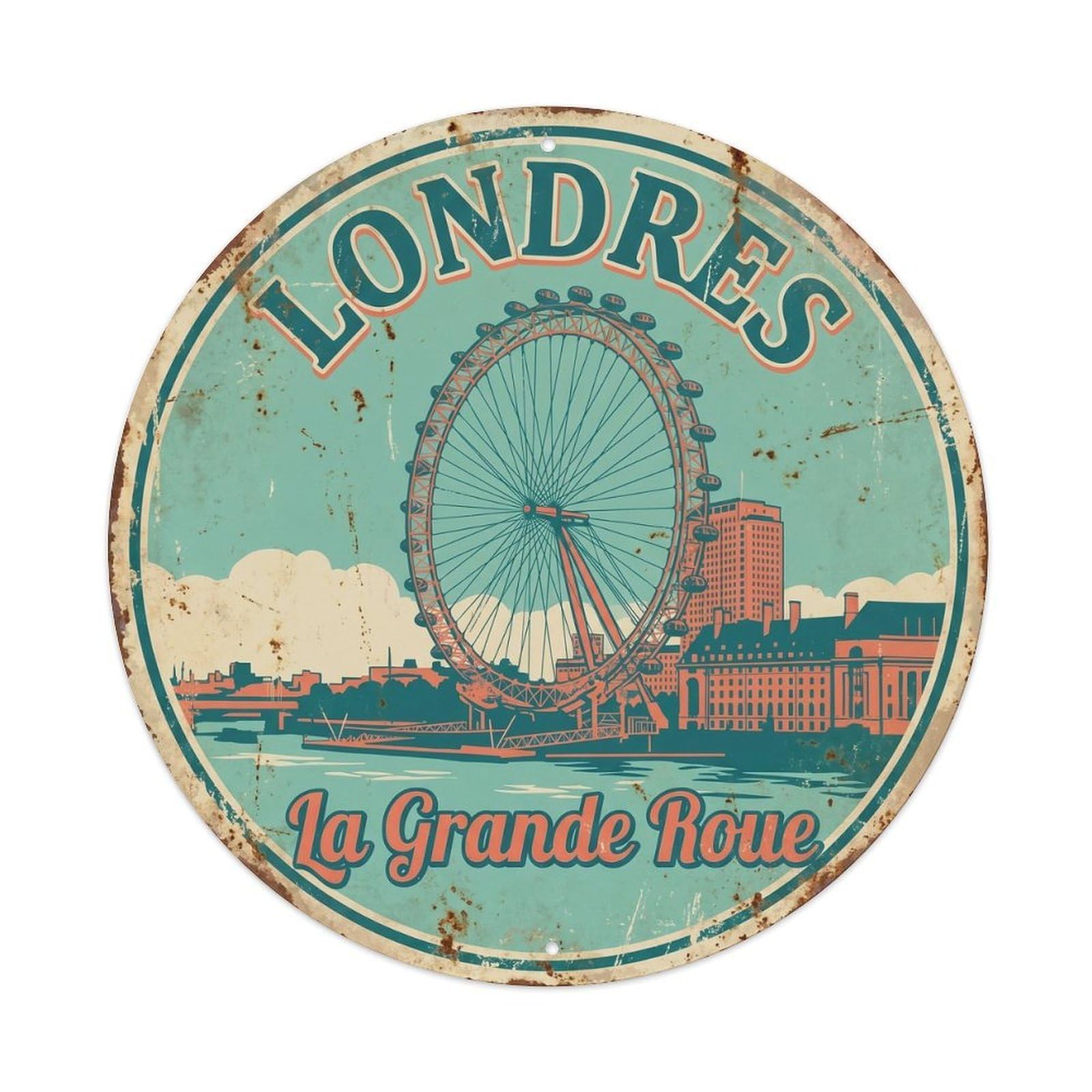 Vintage Travel London Eye Thames Metal Tin Sign Plaque Wall Decor for Cafe, Club, Garden Round Metal Poster 8x8Inch