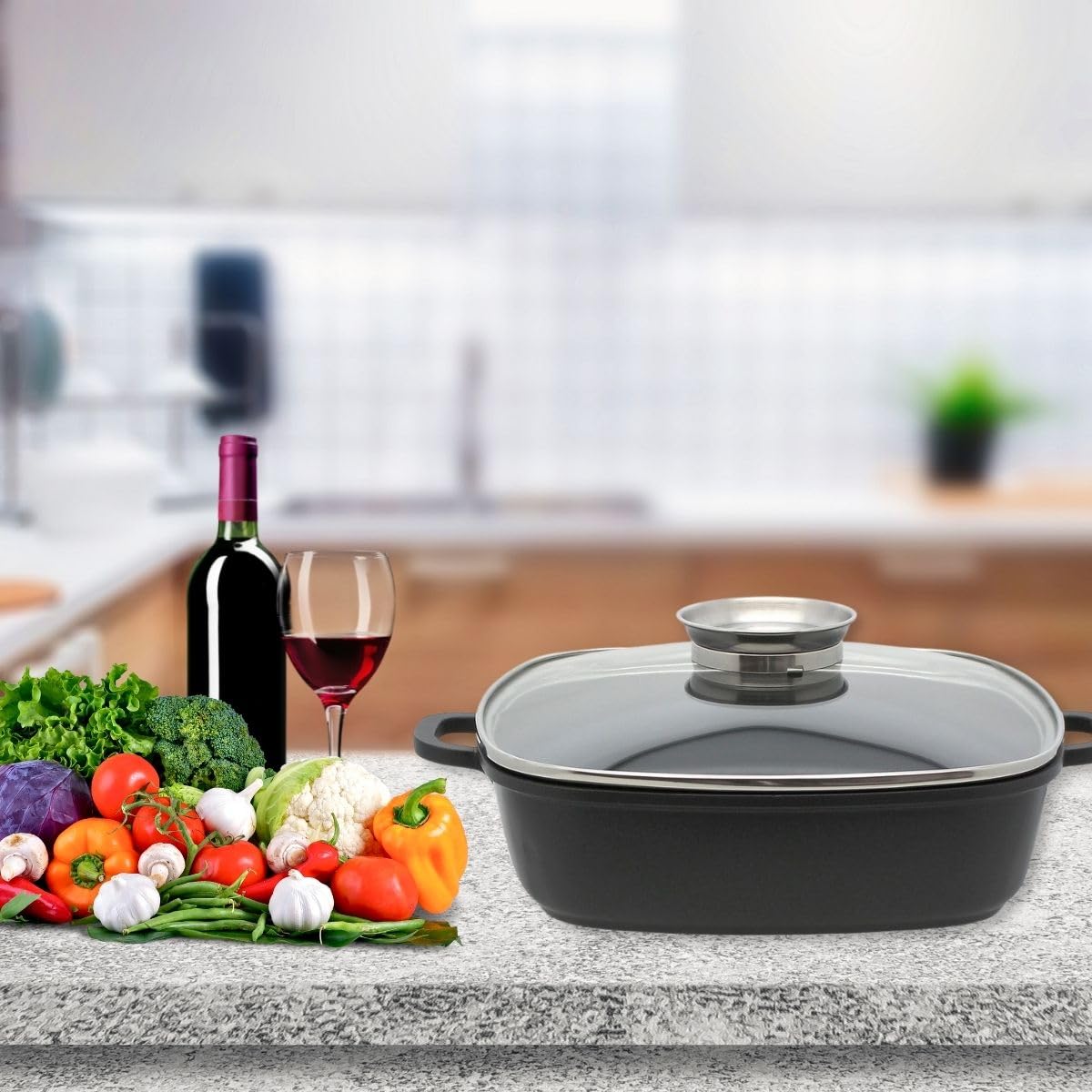 Elo Mijoteuse Carrée 28 Cm Avec Couvercle Verre - Faitout Antiadhésif ILAG, Compatible Induction & Four, Aluminium De Qualité