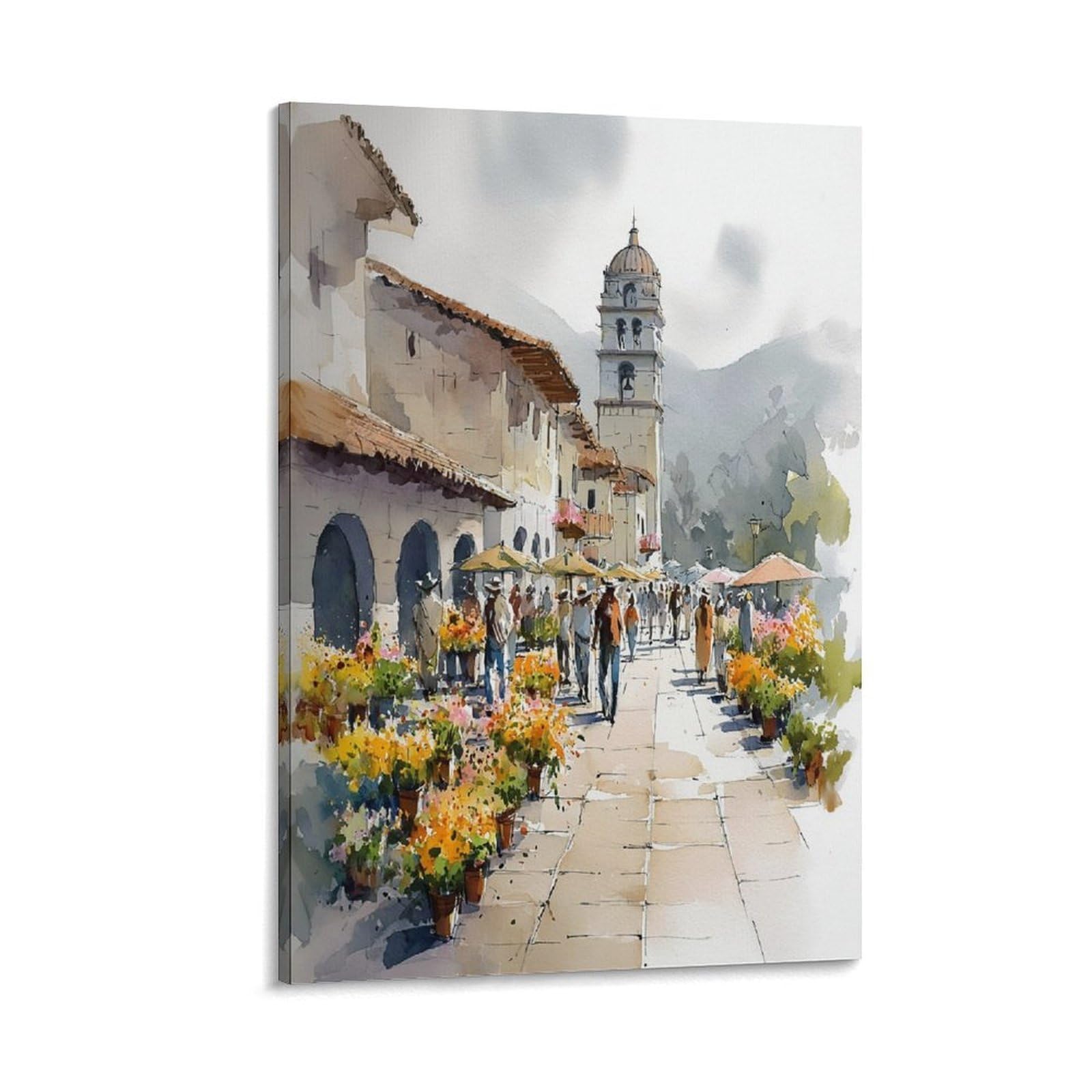 Cnaheiz Frame-Style Puerto Rico Flower Market Watercolor Painting_ Botanical Wall Art 20X30inch(50X75cm) Vintage Watercolor Canvas Art