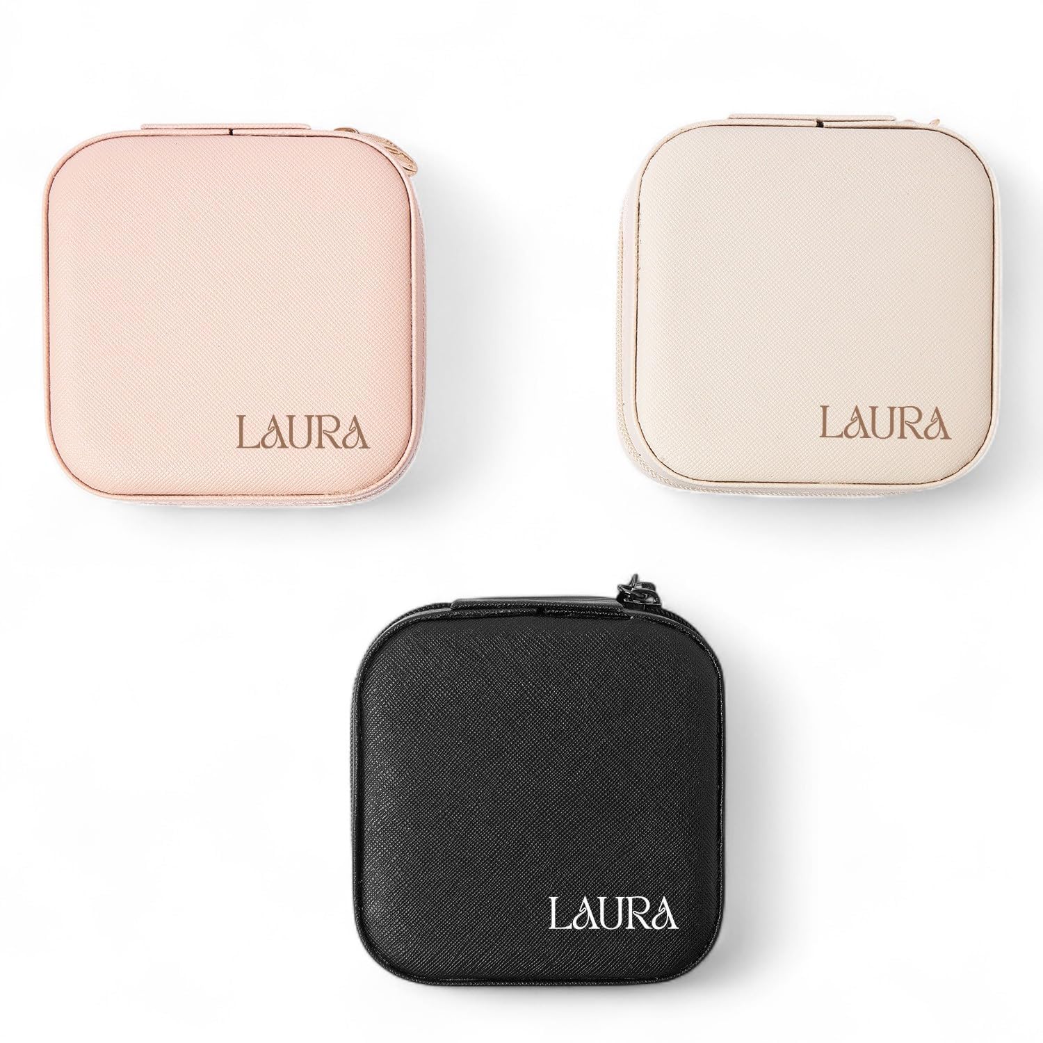 Personalized Chic Leather Jewelry Case for Women, Elegant Travel Jewelry Organizer with Name Engraving, Wedding Accessory for Rings Earrings Necklaces, Bridal Shower, Bridesmaid Gift (Style 1, Cream)