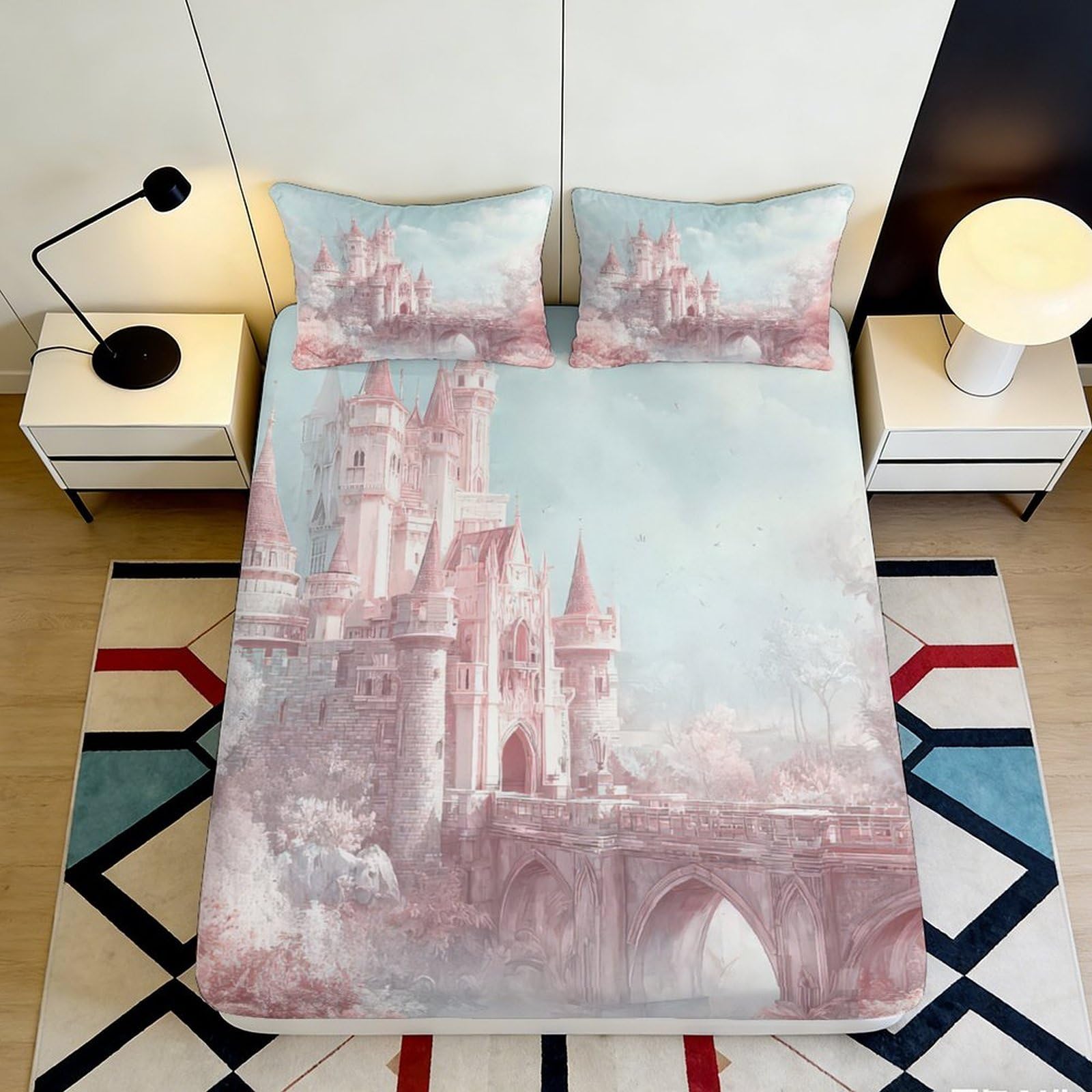 3D Printed Castle Pattern Fitted Sheet Microfiber Soft Breathable Fantasy Landscape Bed Cover for Bedroom Dormitory Guest Room Mattress Protection 180x200x25cm