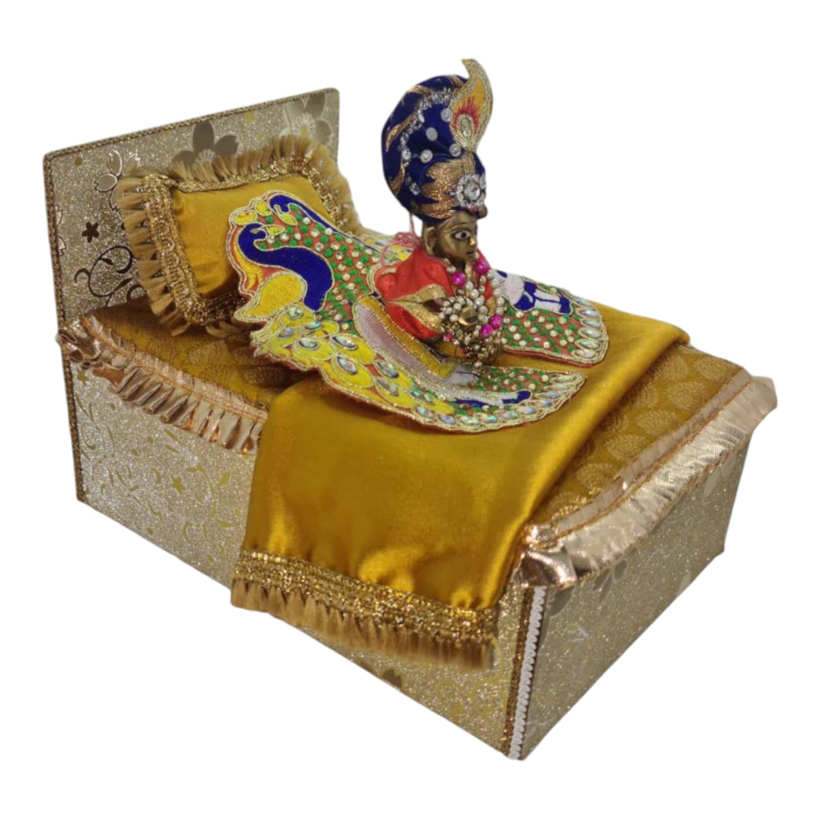 one click luxurious wooden bed for 0-1-2-4 no. size laddu gopal ji, krishna ji,thakur ji bed comes with beautiful mattress,1 large pillow,1 night cover sheet (wooden bed thakur ji, 0-2 size)