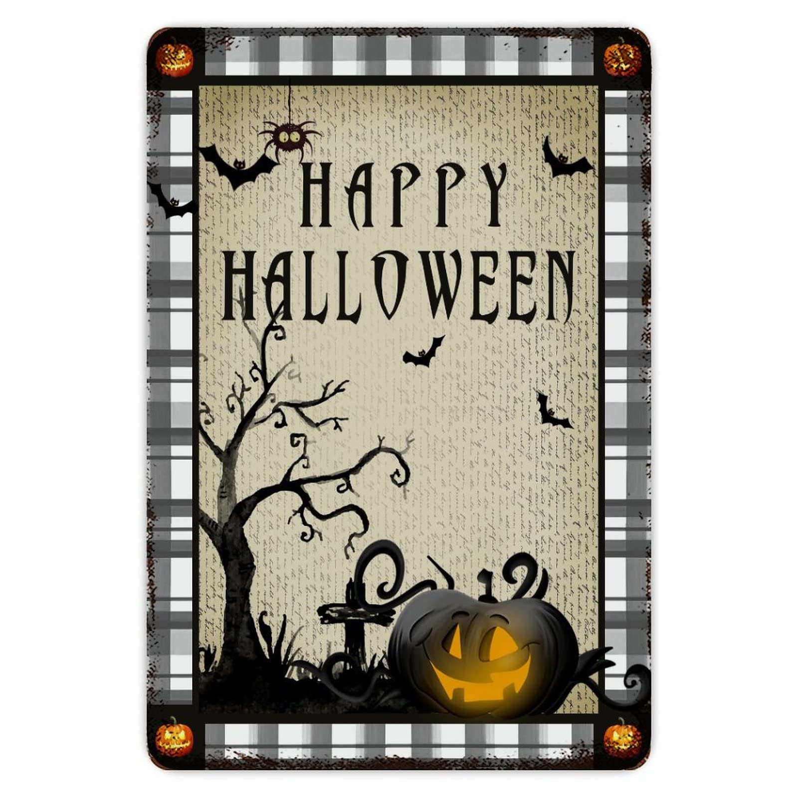 ENEDNATE Buffalo Plaid Happy Halloween Pumpkin Bats Ghost Moon Aluminum Tin Sign 8"x12" Waterproof Vintage Metal Sign for School Office Classroom Gate Garage Garden Home Wall Decor Housewarming Gifts