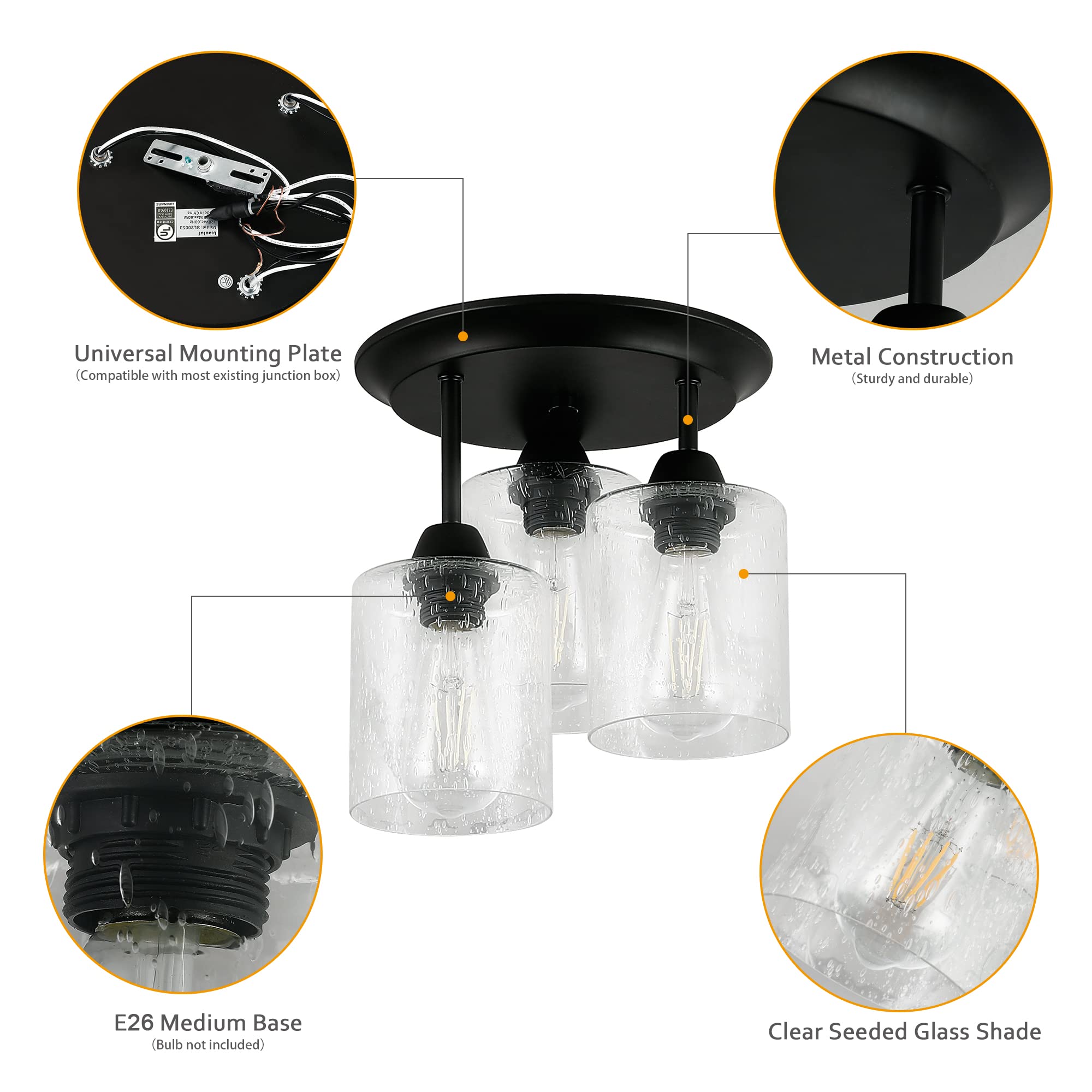 Lcaoful Semi Flush Mount Ceiling Light Fixtures with Seeded Glass Shades for Kitchen Entryway and Hallway, 3 Lights Vintage Oil Rubbed Bronze Ceiling Lighting UL Listed.