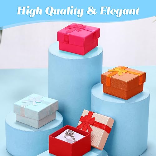 Miniatura 6 de Yinkin Juego de 120 cajas de regalo de anillo de cartón con lazo cuadrado de colores surtidos, pequeña caja de regalo dura para aretes, caja de