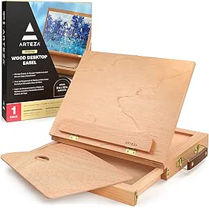 Arteza Tabletop Easel, 13.4 x 10.3 x 2 Inches, Portable Beechwood Easel Box with Single, Open-Compartment Drawer and Wooden Palette, Art Supplies Storage for Professional Artists, Multicolor