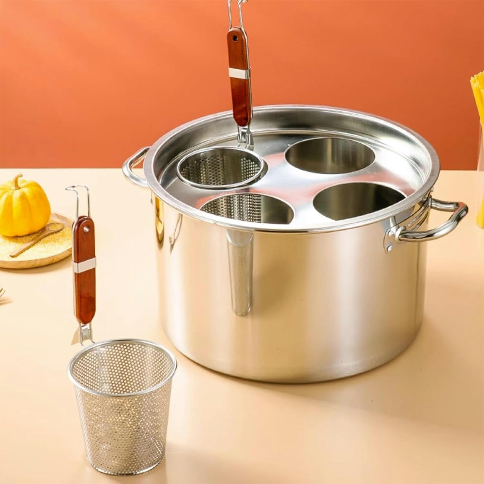 Cuiseur à pâtes professionnel en acier inoxydable avec séparateur et passoire, cuiseur à pâtes professionnel en acier inoxydable pour restaurant à domicile, cuiseur à pâtes (couleur unique, 4 trous)
