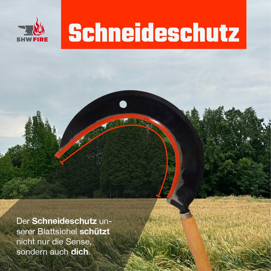 SHW-FIRE Blattsichel für den Garten mit Holzgriff - Handgeschmiedete Rund-Sichel für Handsichelarbeiten - inkl. Schneideschutz - Made in Germany