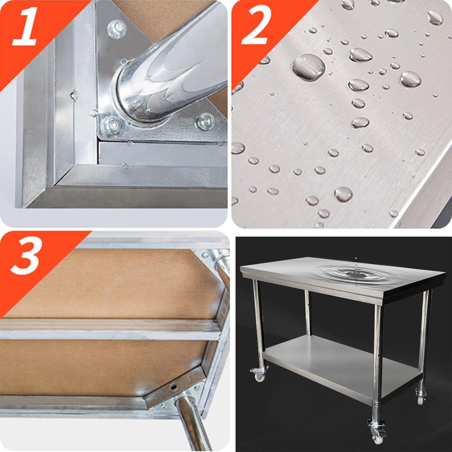 Double Deck Work Table with Wheels Kitchen Prep Table with Adjustable Legs Open Storage Shelves Stainless Steel Metal Table with Solid Structure for a Wide Range of Applications