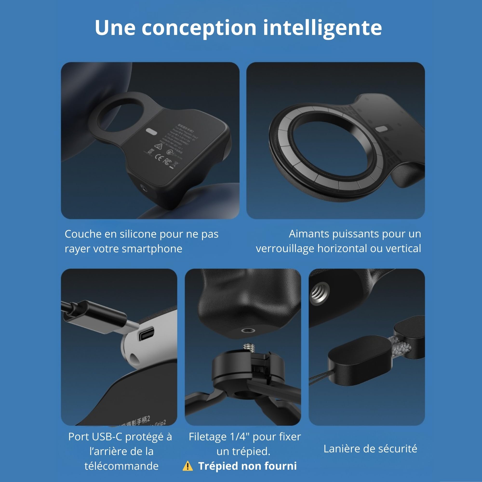 Webstar Tech® Poignée magnétique Bluetooth Smartphone | Support Vlog & Selfies | Grip stabilisateur avec télécommande détachable | Photos et vidéos avec Une Seule Main | Iphone & Android