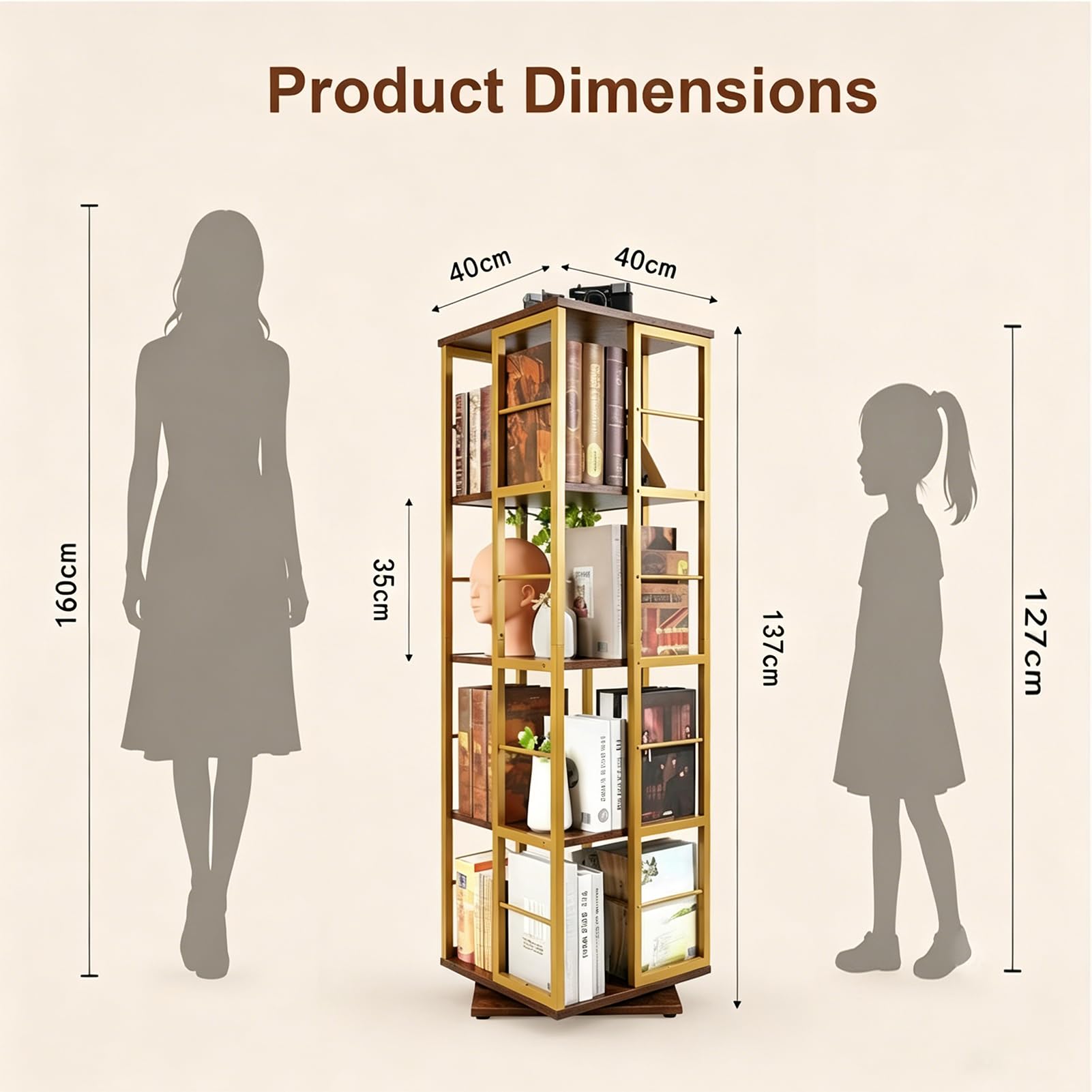 Drehbares Bücherregal 360° mit Stahlrahmen, 4 Fächer, 137 cm Gold | CD Regal & DVD Aufbewahrung, drehbares Bücherregal 360° mit Kippsicherung, stabiler Stahlrahmen für Wohnzimmer & Büro