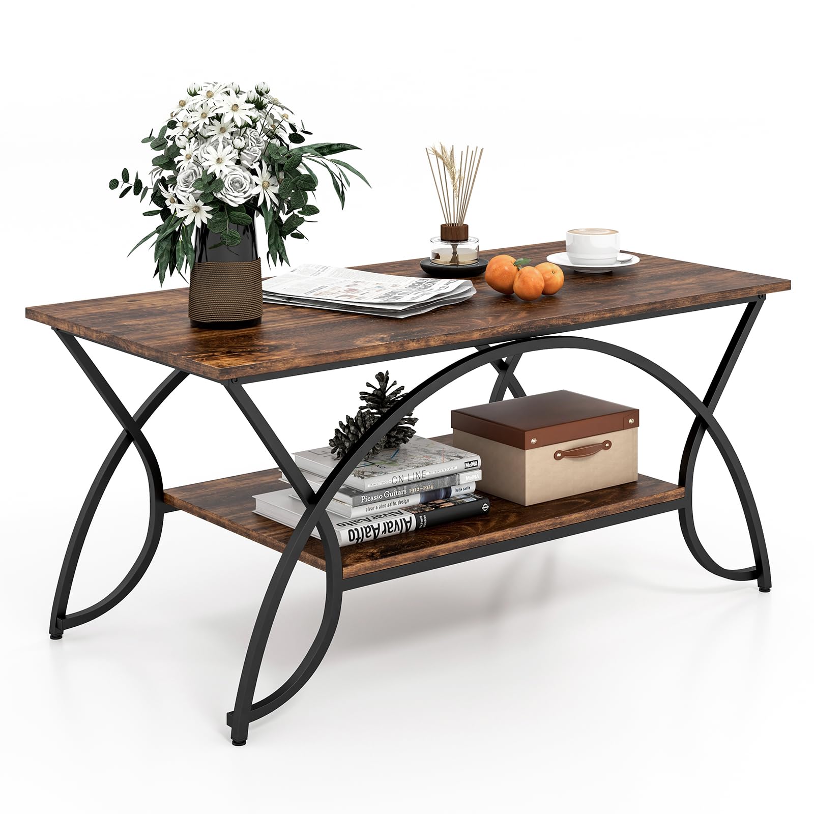 110 cm Hoge Salontafel Houten Theetafel Multifunctionele Opbergtafel voor Thuis Ideaal voor de Woonkamer Rustiek Bruin - Costway