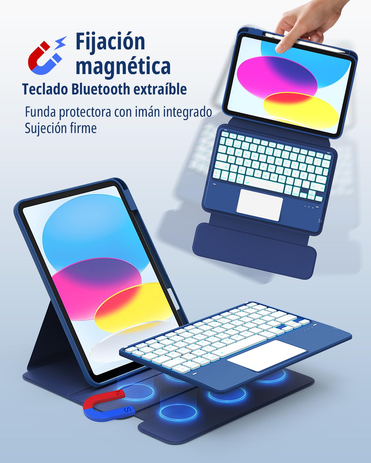 Funda Con Teclado Giratorio 360° Para IPad 11/10 Generación - Teclado Retroiluminado 7 Colores, Panel Táctil, Azul Océano