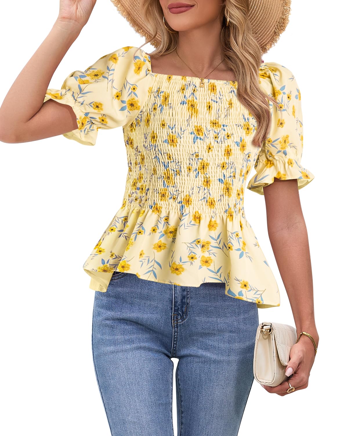 Womens Puff Short Sleeve Babydoll Tops Floral Summer Peplum Blouse Smocked Square Neck Loose Fit Ruffle Dressy Tee Shirts