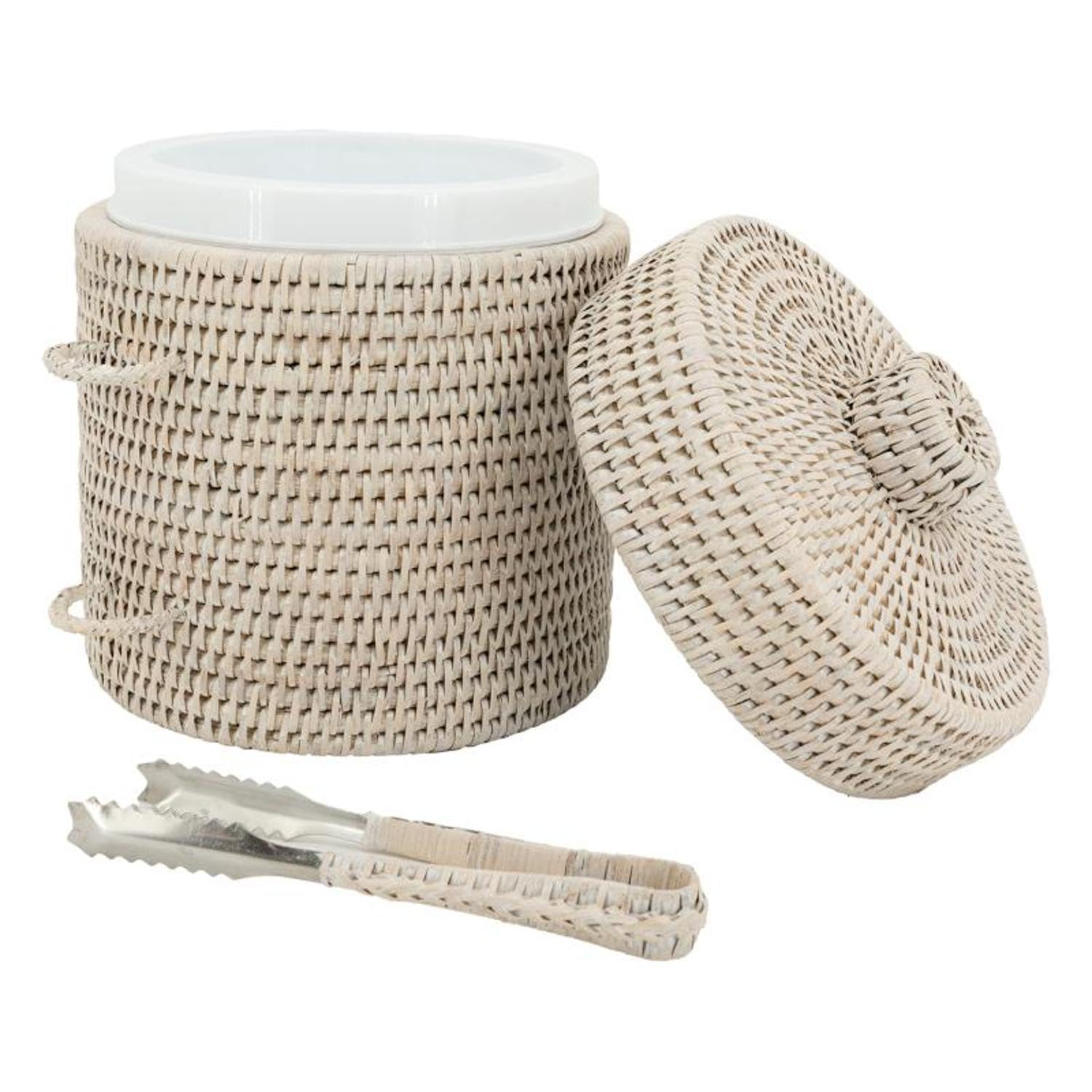 AUBRY GASPARD - Seau à Glace en Rotin avec Pince - Finition Patinée Blanche - Ø 20 cm x Hauteur 25 cm - Seau Amovible en Plastique pour Conserver le Froid - Idéal pour Réceptions et Dîners Conviviaux