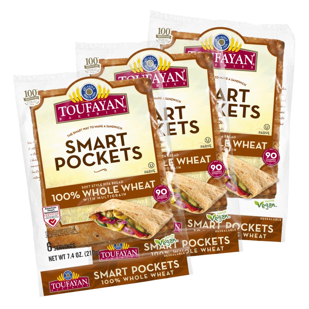 - Toufayan Whole Wheat Smart Pockets Pita Bread | Pre-Cut & Scored Sandwich Pockets | Soft, Vegan, Kosher (3 Packs, 18 Total)