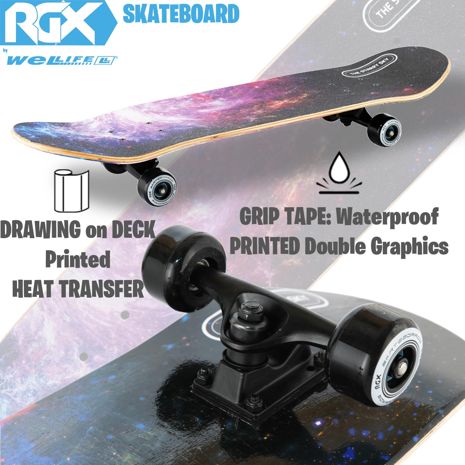 WeLLIFE Monopatín completo para principiantes – Serie RGX de madera de 80 x 20 cm, 9 capas de arce cóncavo Double Kick, rodamientos ABEC-7, dibujo sobre Grip Tape – Apto para niños, jóvenes y adultos