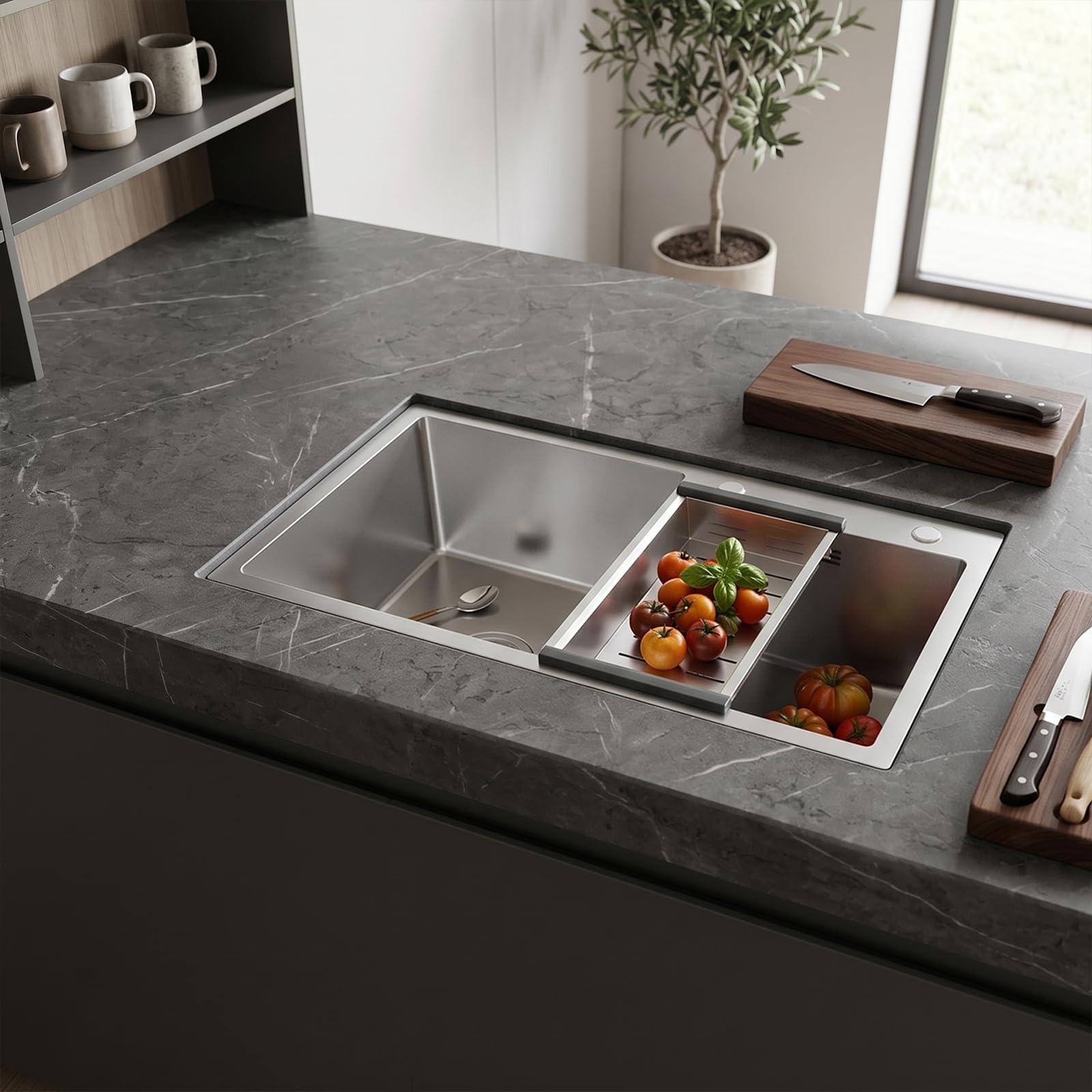 Doppio lavello 201, lavello da cucina in acciaio inox, lavello da incasso, 78 x 43 x 21 cm, rettangolare, con cestello sgocciolatoio, filtro per rifiuti, dispositivo di scarico, lavello da cucina a 2