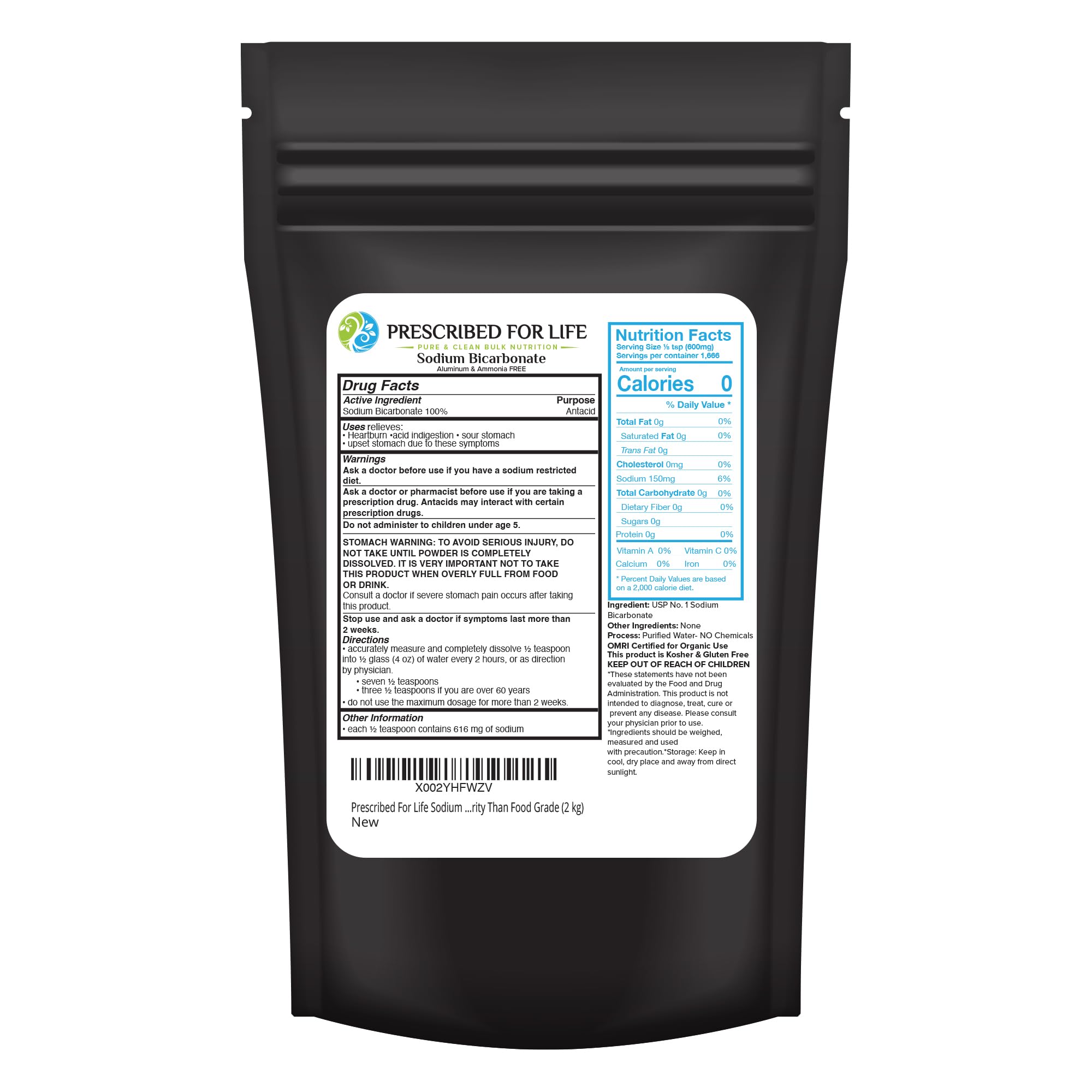 Prescribed For Life Sodium Bicarbonate Powder, Organic Aluminum Free Baking Soda, Bicarbonato de Sodio en Polvo, USP Grade (2kg / 4.4lb)