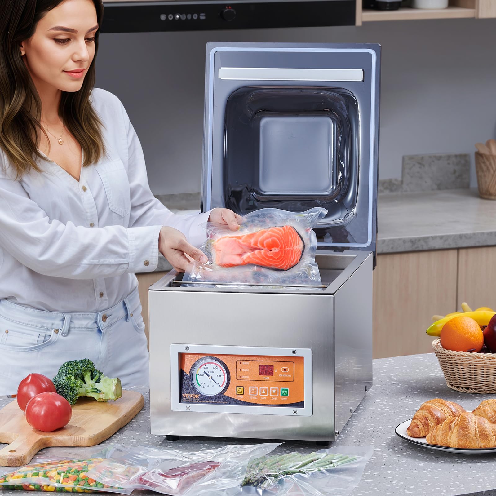 VEVOR Sellador al Vacío de Cámara 260 W Máquina de Envasado al Vacío de Acero inoxidable Tamaño Compacto de 260 mm para Cocina del Hogar Para Uso Comercial Para Alimentos Húmedos, Carnes y Adobos