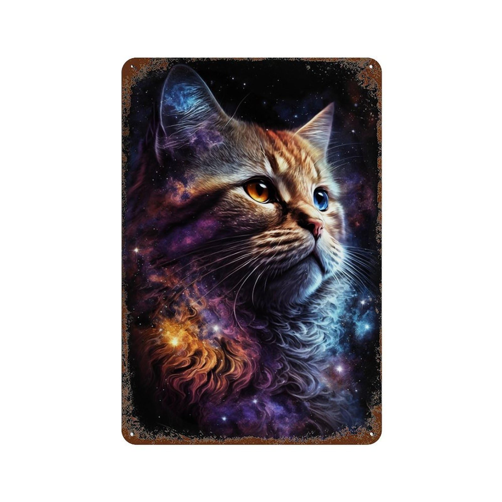 Cosmic Cat Portrait-60 Rustic Tin Plaque 11.8"x7.9", Novelty Wall Decor for Garage, Pub Or Kitchen