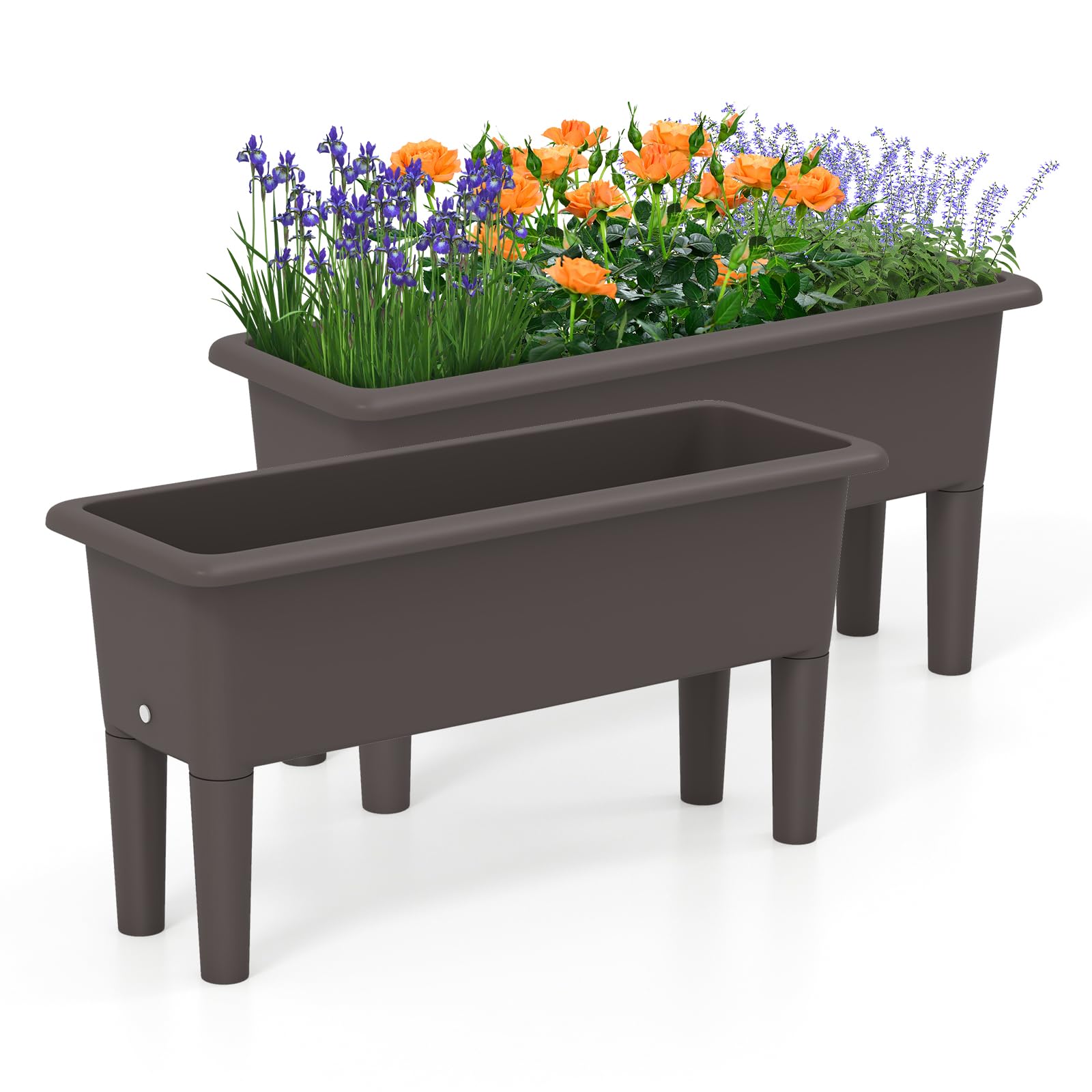2 Pcs Raised Planter Bed, Elevated Planter Boxes with Removable Legs & Water Level Indicator, Plastic Planter Bed for Gardening, Backyard & Deck (Coffee)