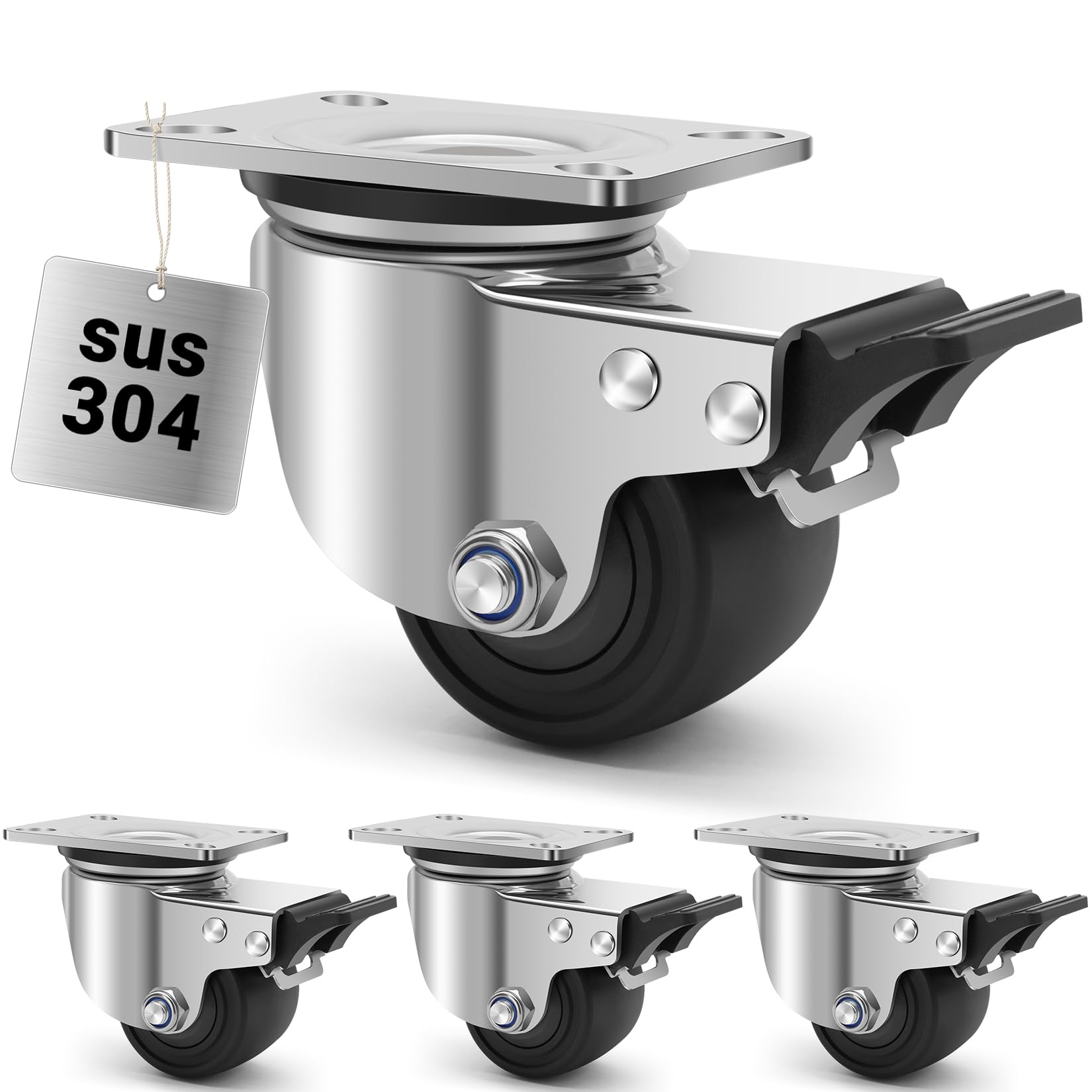 W B D WEIBIDA 304 Stainless Steel Heavy Duty Caster Wheels, 3300lbs Capacity Per Set, 2.5 Inch Rust-Proof & Tougher Plate Swivel Caster with Brake,