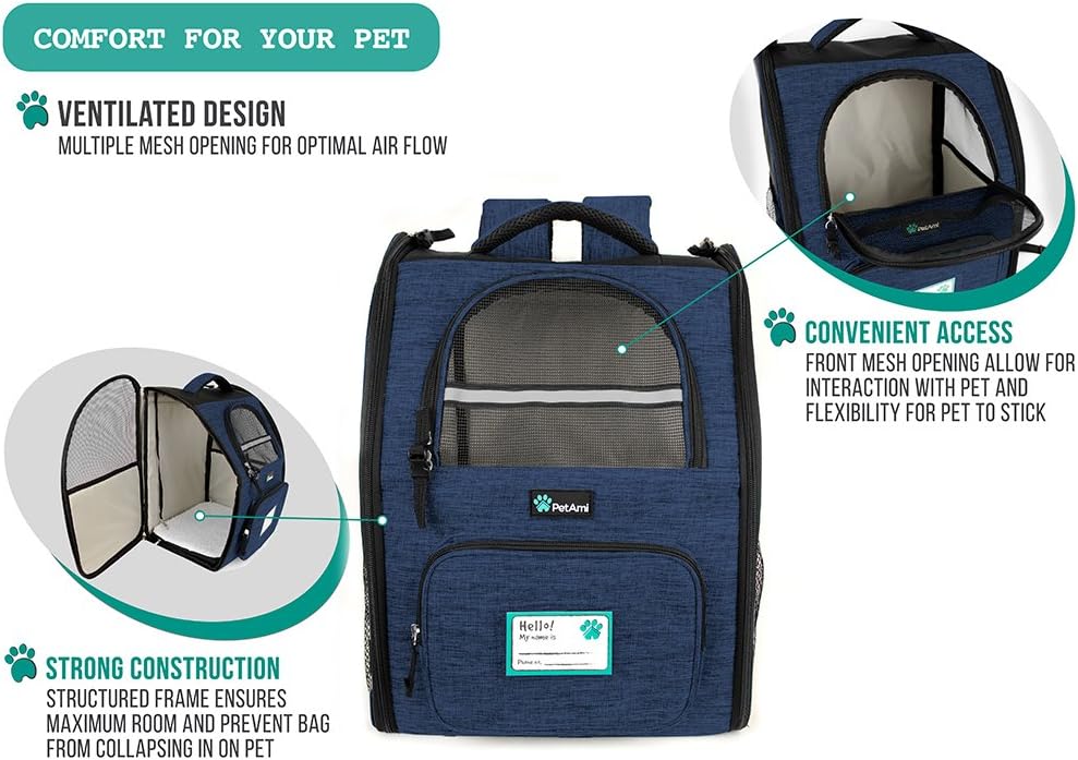 PetAmi Deluxe Pet Carrier Backpack for Small Cats and Dogs, Puppies | Ventilated Design, Two-Sided Entry, Safety Features and Cushion Back Support | for Travel, Hiking, Outdoor Use (Heather Navy) : Pet Supplies