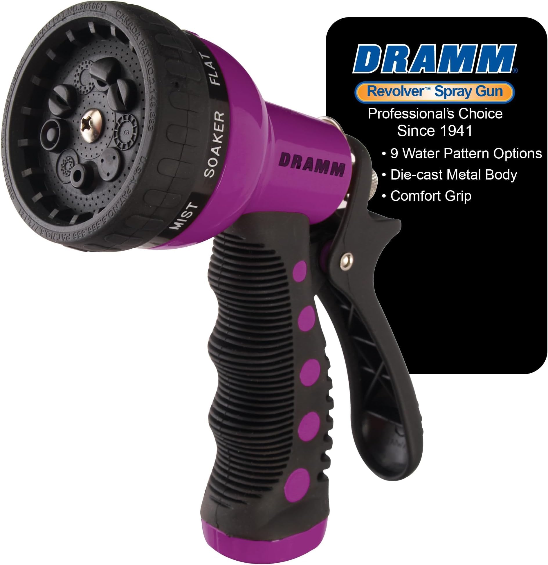 Dramm Revolver Heavy Duty Metal Garden Hose Nozzle – 9 Spray Patterns, High Pressure Jet, Thumb-Control Flow, Ergonomic Grip – Berry, (Pack of 6)