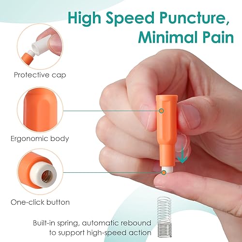 Miniatura 4 de Glucoracy Lancetas de seguridad, estériles, pulsador superior activado, calibre 28, 0.071 in, 100 unidades, 1 paquete