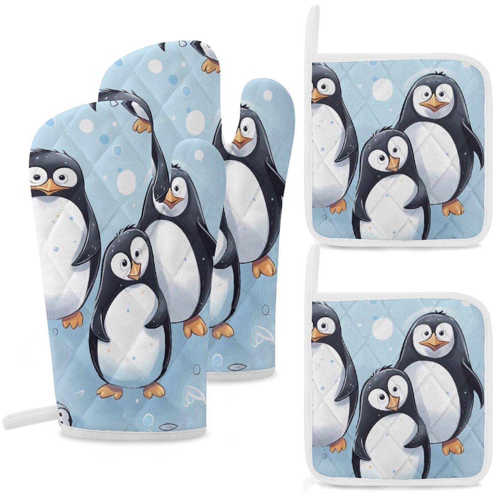 Cute Penguins Oven Mitts and Pot Holders Sets Heat Resistant Oven Glove with Hanging Loop for Baking Cooking BBQ Thicken Potholders for Kitchen