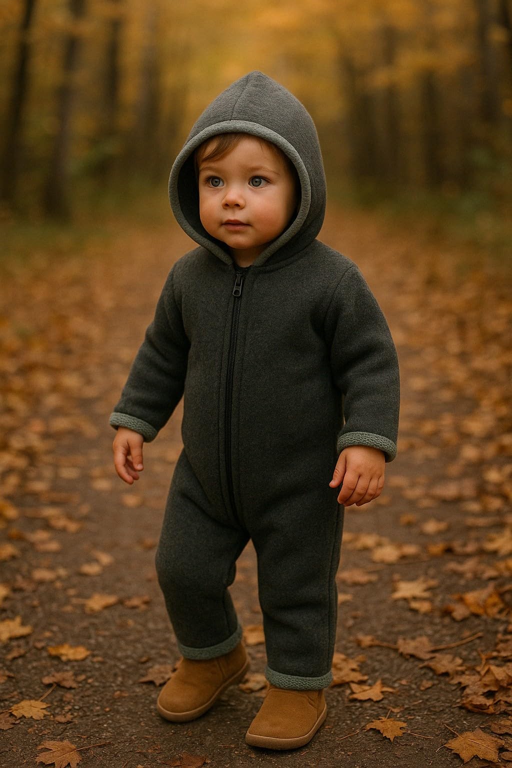 Lilakind“ Baby Wollfleece Overall Wolle Einteiler mit Kapuze Walkloden Walkoverall Kuschelweich Dunkelgrau Gr. 62/68 - Made in Germany