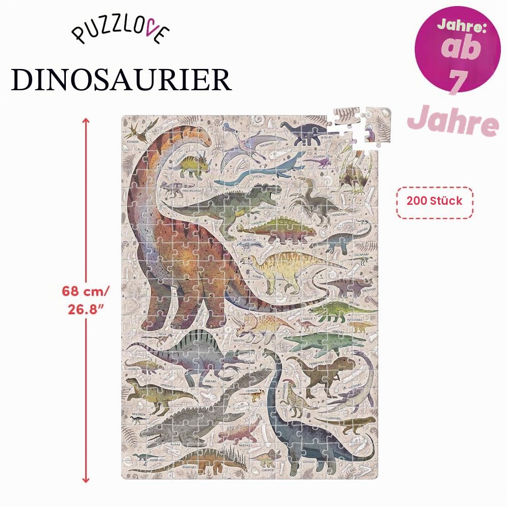 Puzzlove Dinosaurs 200 Teile Lernpuzzle für Kinder 7+, Bodenpuzzle Dinosaurier