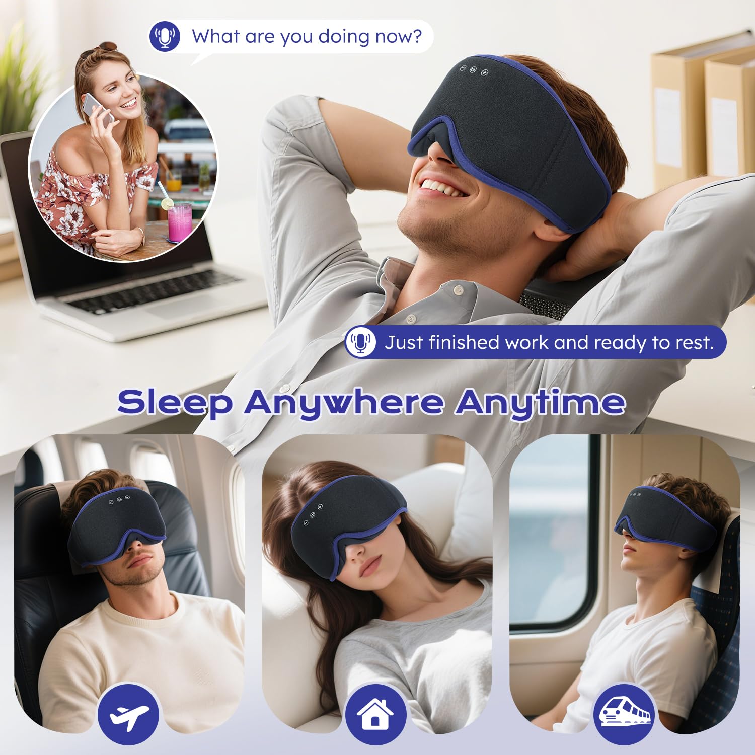 Mascherina per dormire con cuffie Bluetooth per chi dorme sul fianco, completamente oscurante, per donne e uomini, cuffie morbide e traspiranti con altoparlanti stereo ultra sottili per un sonno