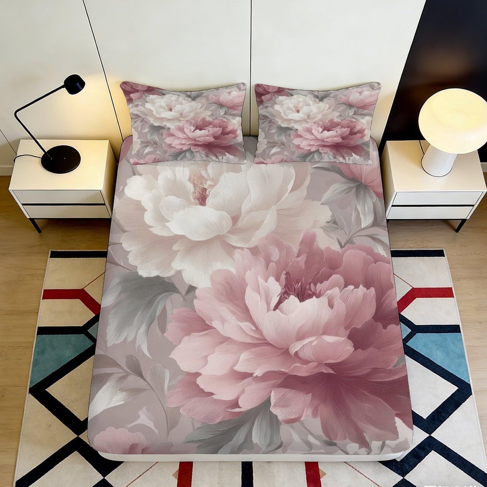 Jqzkxnhpbr Style-9 3D Printed Peony Blossom Fitted Sheet Microfiber Pink Floral Mattress Cover For Bedroom Guest Room Decor Easy Care 90X200x25cm