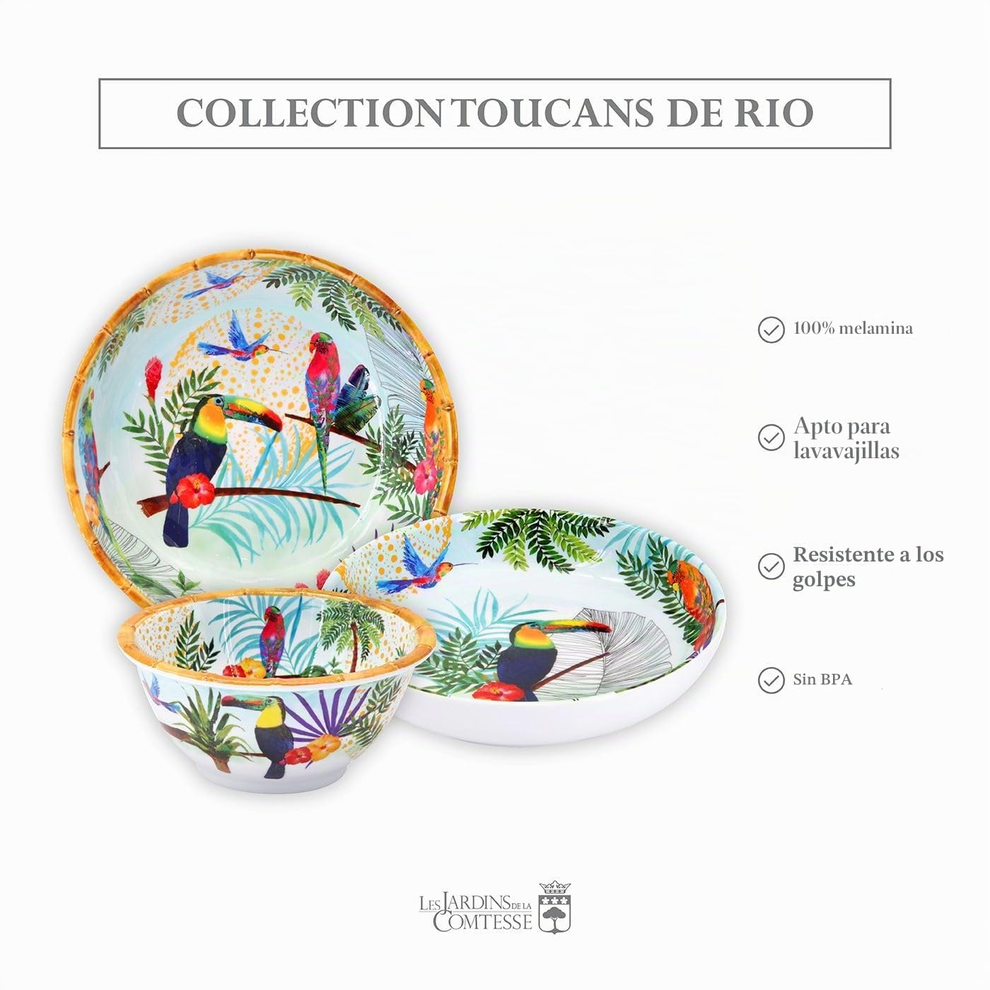 Les Jardins de la Comtesse – Ensaladera grande de melamina pura – Tucanes de Río – 4L / Ø 31 cm – Multicolor – Vajilla Quasi-Incassable MelARTmine