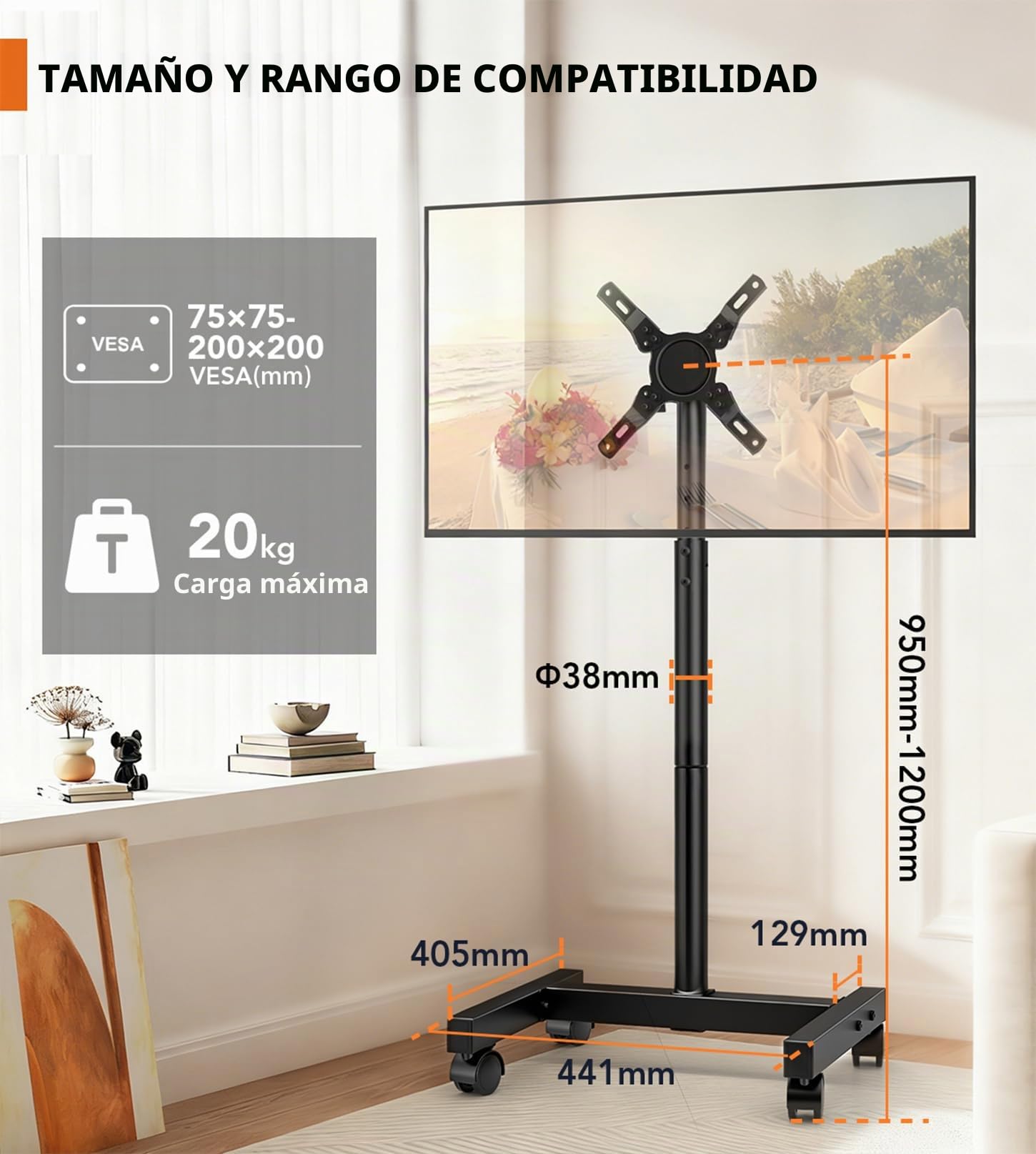 HEMUDU Soporte TV con Ruedas 13-50" 20kg | Soporte TV pie Altura Ajustable | pie para TV inclinable VESA 200x200 HT1007TBM