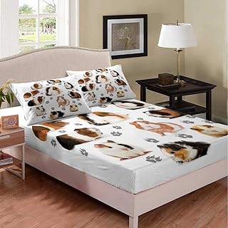Manfei Kids Guinea Pig Sheet Set Cute Guinea Pig and Footprint Decor Fitted Sheet Cute Animal Bedding Set 3pcs for Soft Polyester Bed Sheets (1 Fitted Sheet + 2 Pillow Cases) Full Size