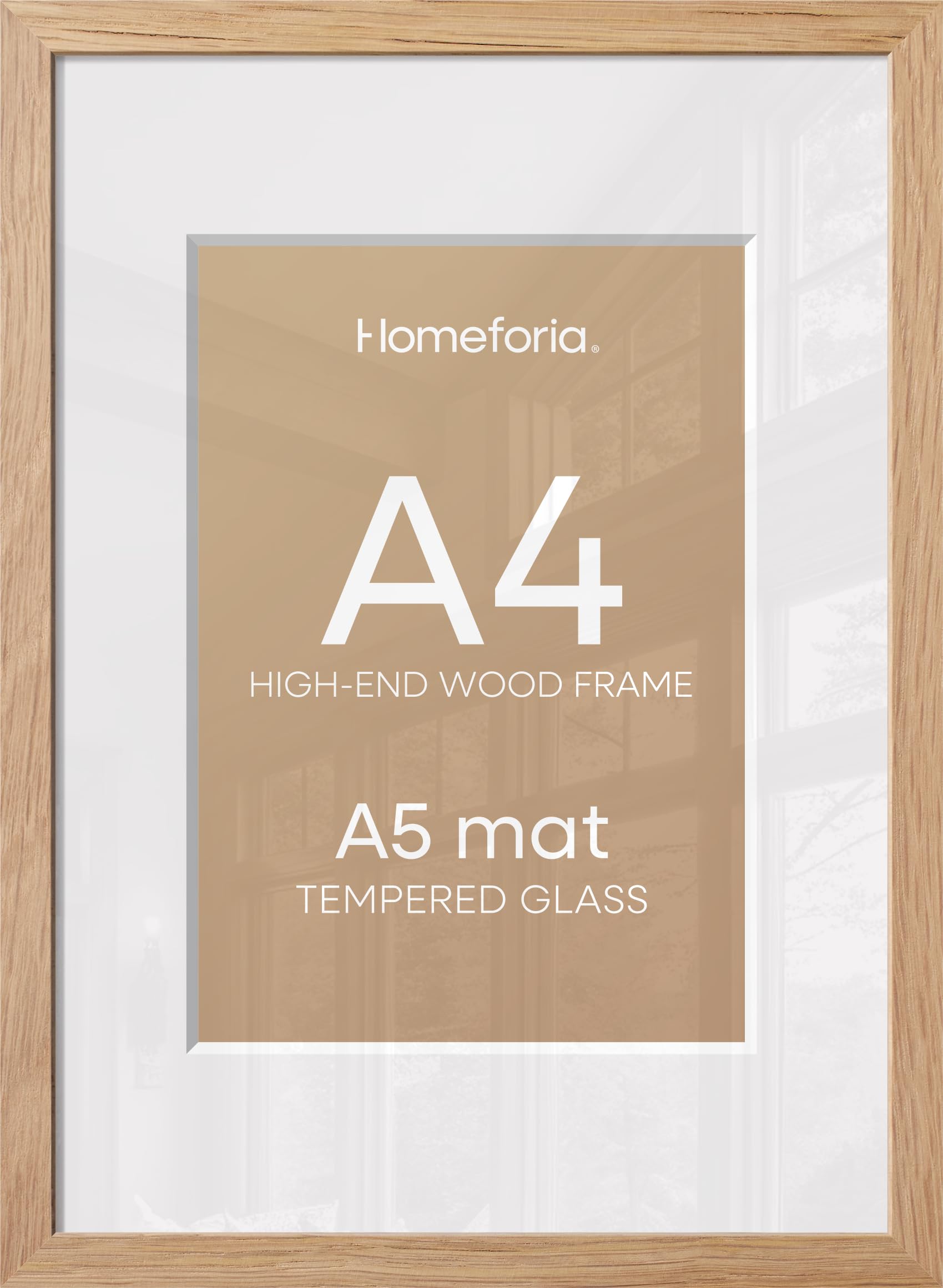 Homeforia A4 Natural Oak Picture Frame, High-End Wood, A5 Mat, Glass | High End Solid Oak Wood, Tempered Glass, Acid-Free A5 Removable Mat, A4 Edge-to-Edge Display, Wall Kit, Set Of 2