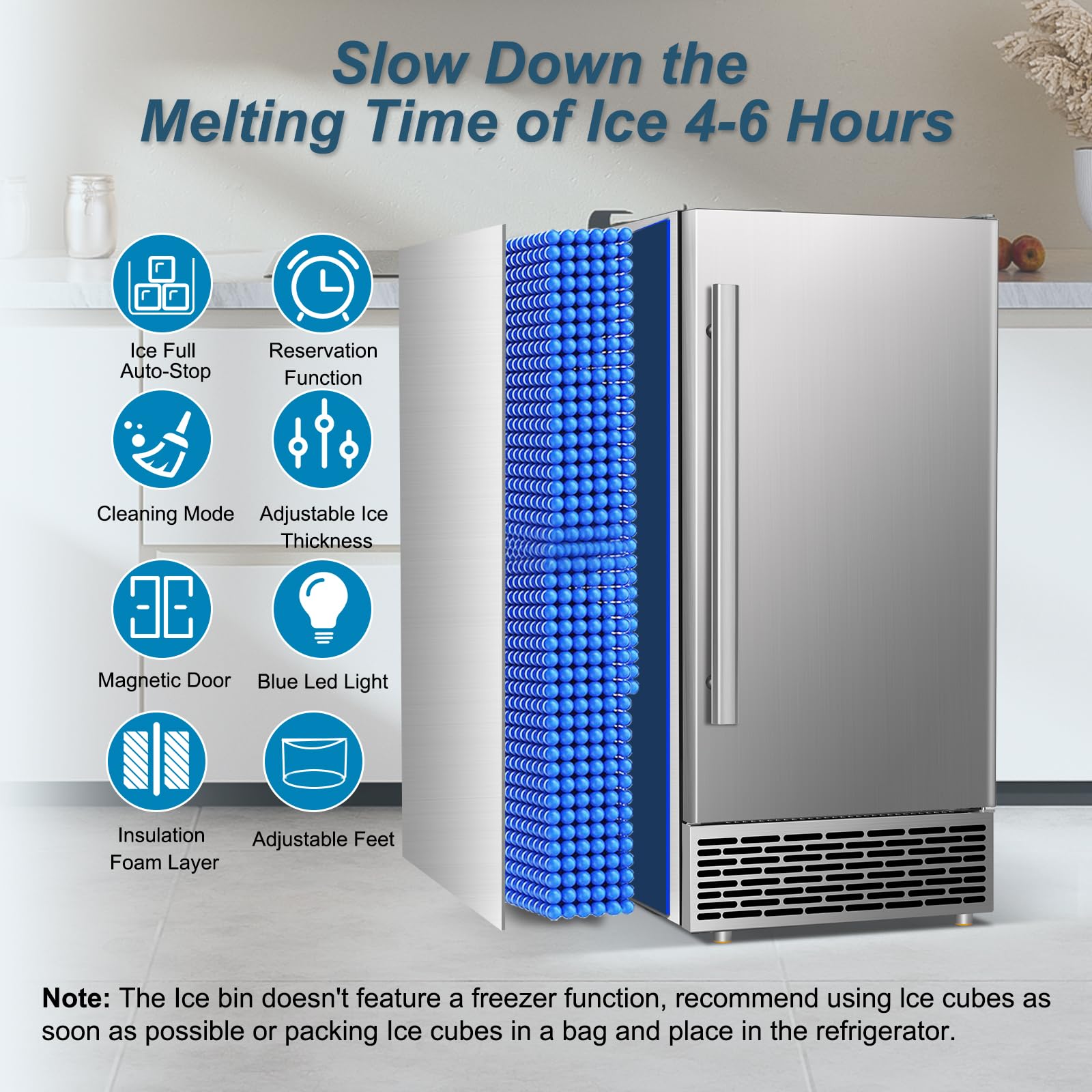 Commercial Ice Maker Machine 120 Lbs/24h, 60 Lbs Cold Preservation Bin For 4-6 H, Freestanding Undercounter Ice Maker Stainless Steel, 40 Ice Trays Built-In Ice Machine For Restaurant Bar Kitchen Café on Fridge.com - View 3