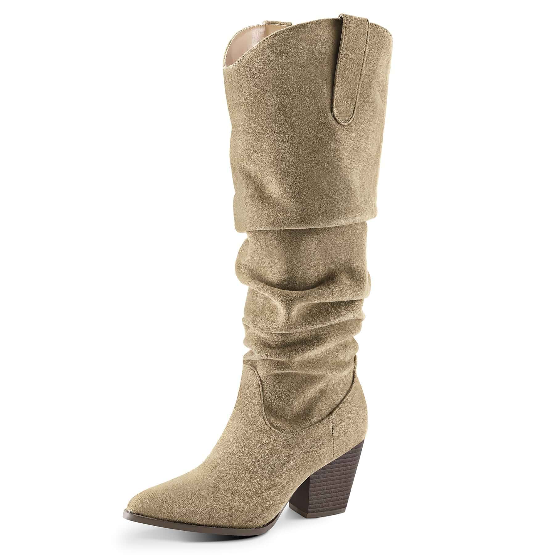 mysoft Women's Knee High Boots Slouchy Pointed Toe Cowboy Western Boots Cowgirl,Tall Boots,Comfortable Chunky Block Heel,Pull On,Side Zipper,Suede,Rubber,Dresses,Jeans,Leggings,Fall Winter,Retro