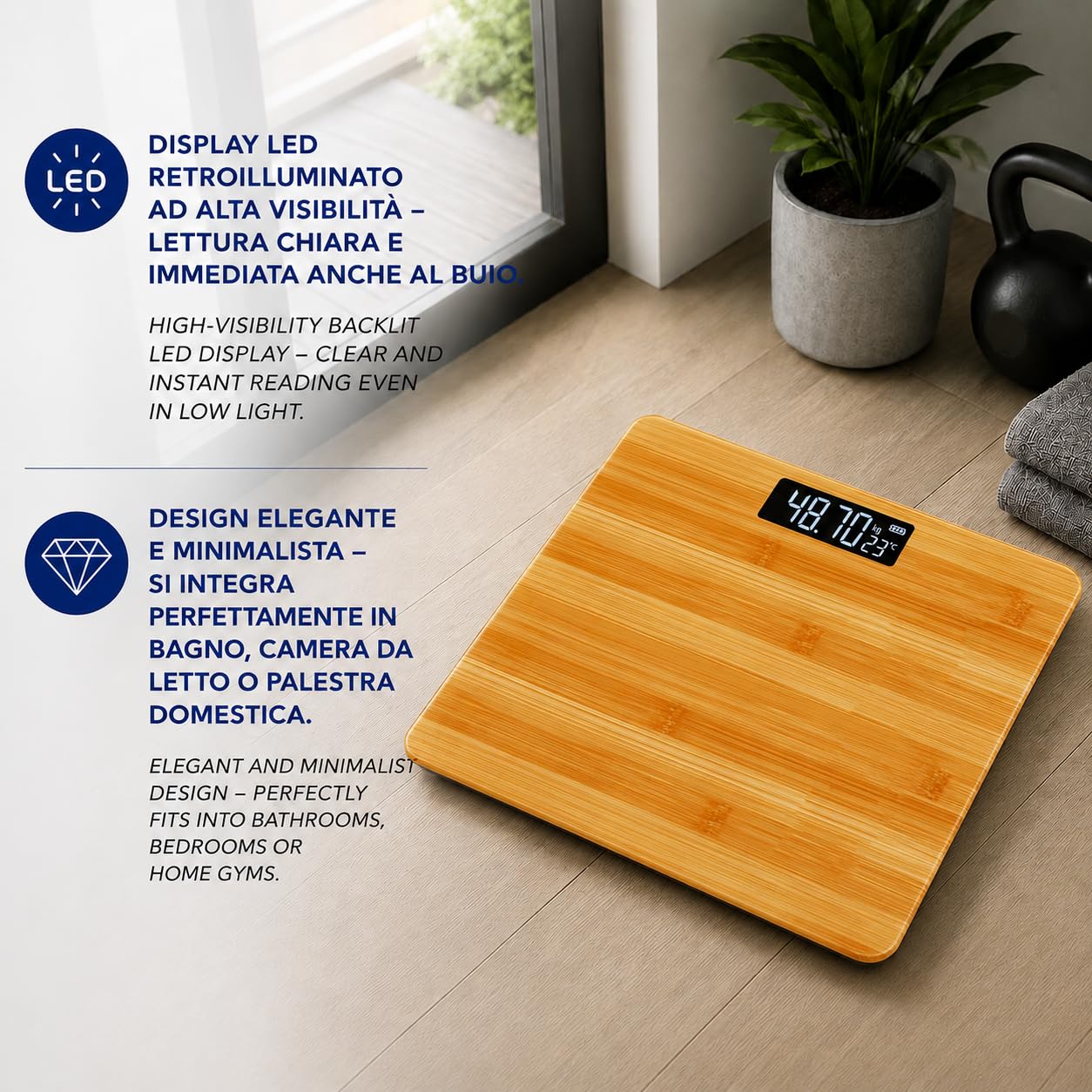 IPEA Bilancia Pesapersone Digitale Ultra Sottile color Legno - Tecnologia STEP ON - Massima Precisione Peso - Design Elegante in Vetro Temperato - Display Misurazione precisa 0,1 KG - Max 180Kg