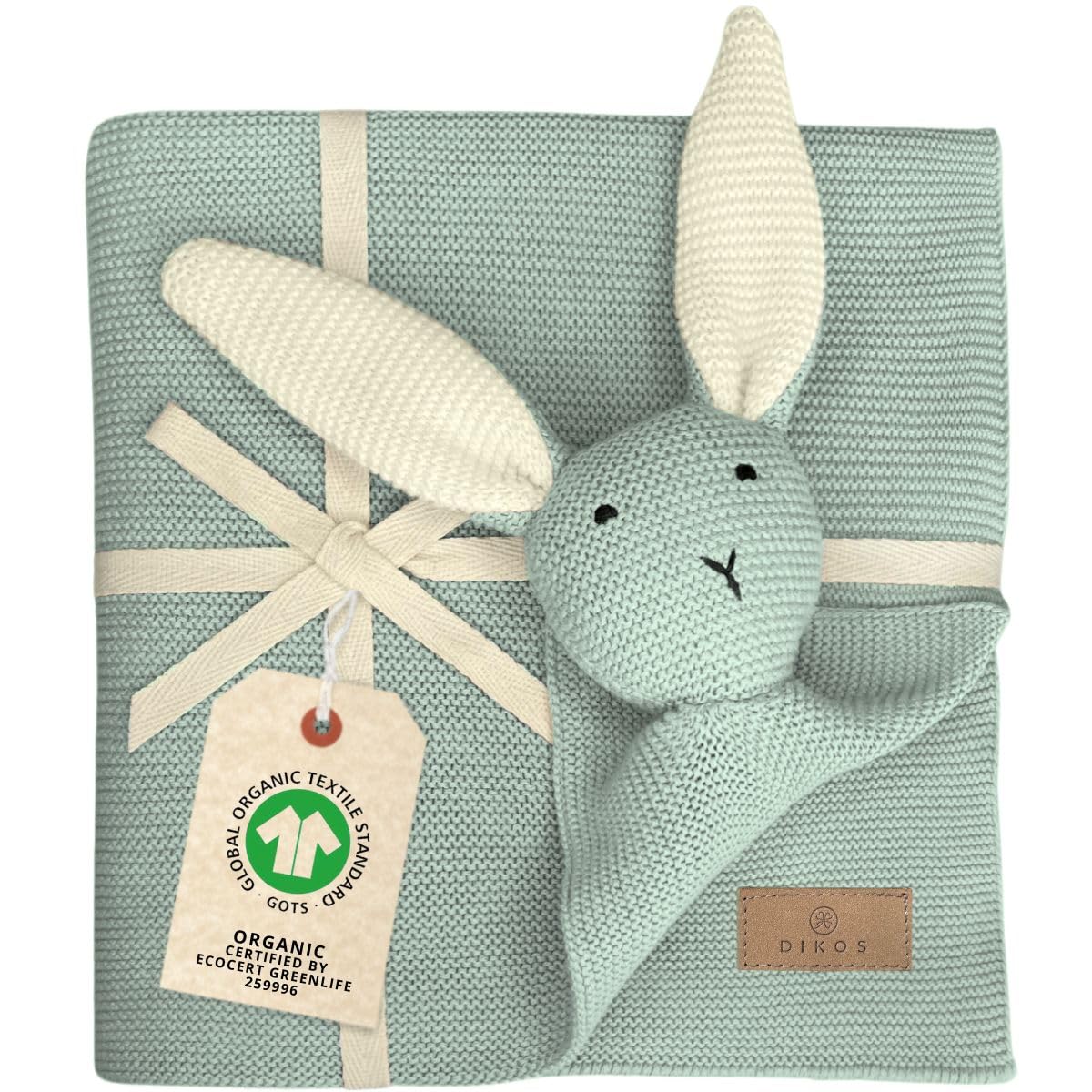 DIKOS® Original Baby Blanket Cuddly Rabbit Mint 100% Organic Cotton Newborn Blanket Sustainable Cuddly Blanket Knitted Girls Comfort Blanket Pram Baby First Equipment Gift for Birth