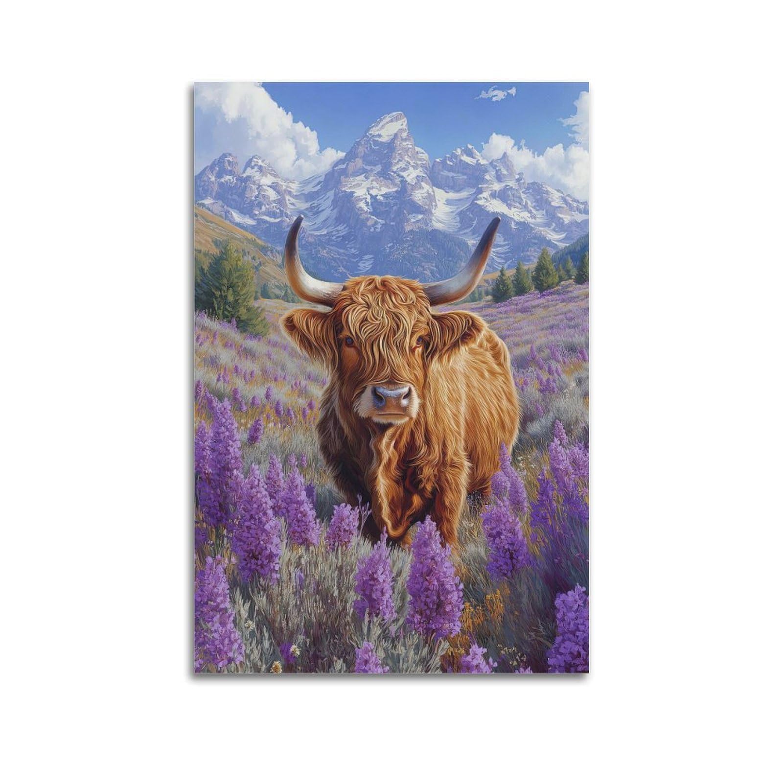 ESTE Highland Cow Purple Flowers Poster Decorative Painting Canvas Modern Art Picture 20x30inch(50x75cm)