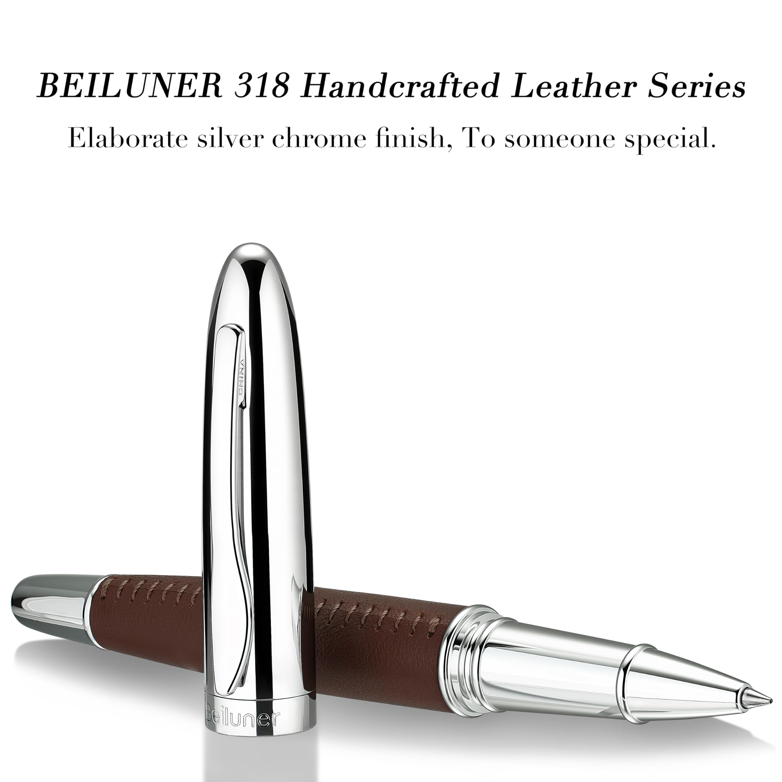 BEILUNER 318 Penna di lusso in pelle, cucita a mano con pelle di alta qualità, con finiture cromate, mina Schmidt, il regalo perfetto per donne e uomini – Penna a sfera marrone