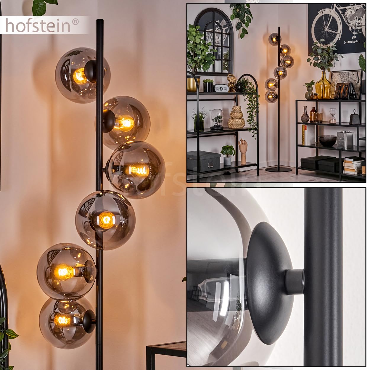 Lampadaire Gastor, lampadaire en métal/verre noir/fumée, luminaire au design moderne rétro/vintage avec abat-jour en verre (Ø 15 cm) et interrupteur à pied, hauteur 160 cm, 6 x E14, sans ampoules